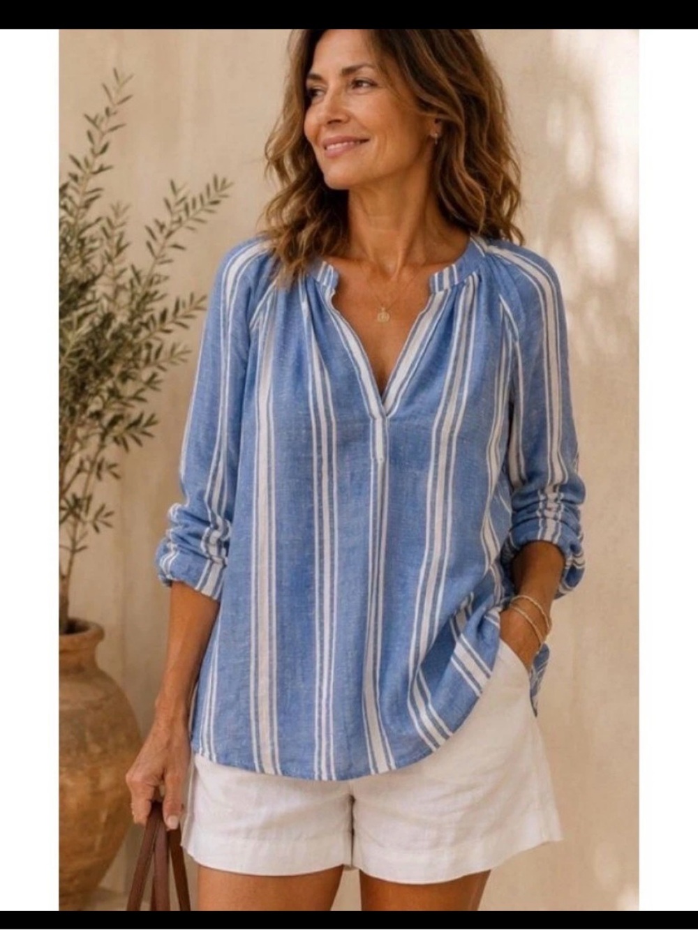 Soft Surroundings Linen Striped V-Neck Long Sleeve Tunic Top Size Large
